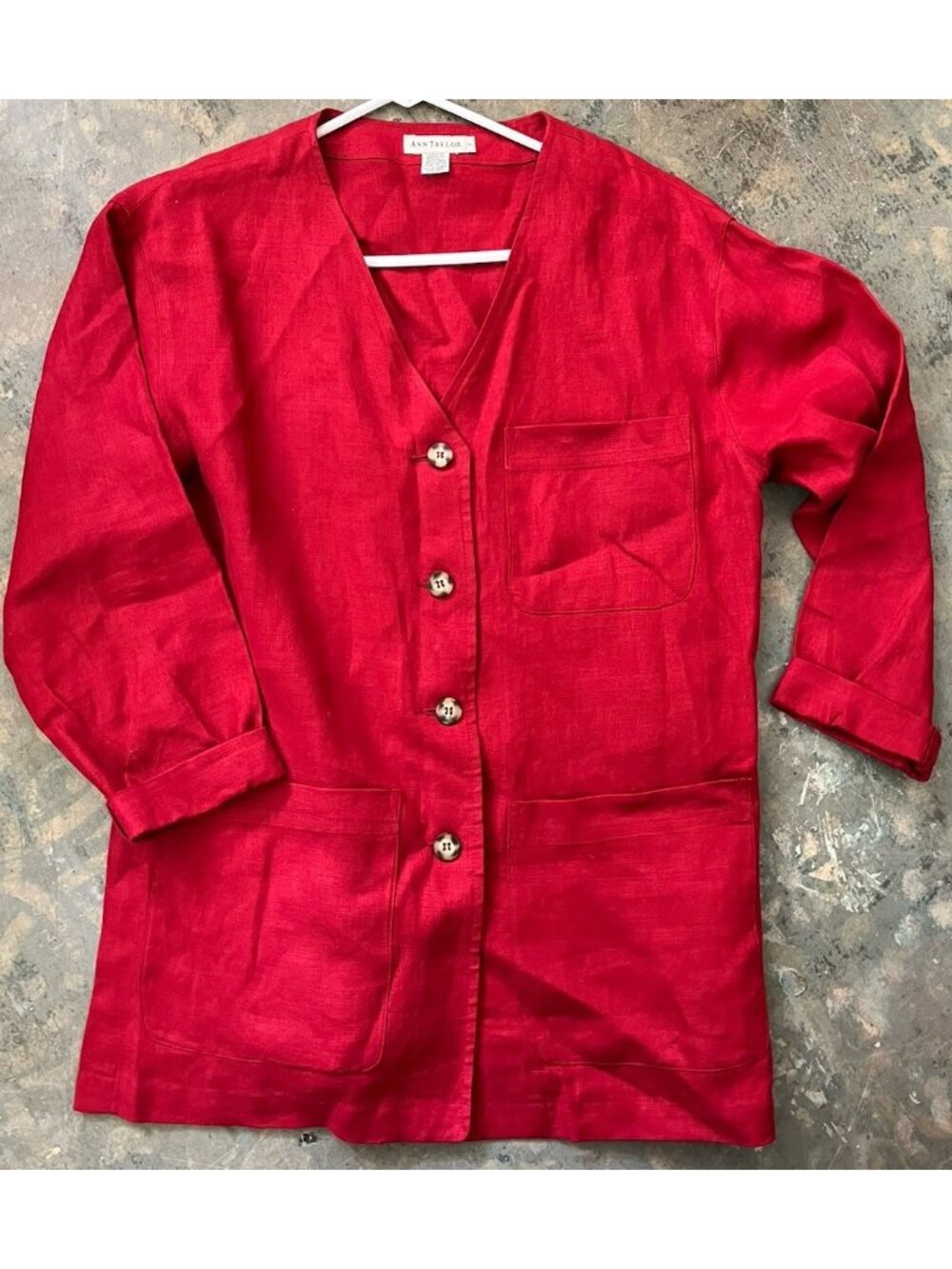 Ann Taylor Linen Shirt Shacket Boxy Lagenlook Berry Red Excellent Shape 42” Bust